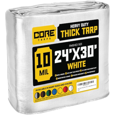 Core Tarps Heavy Duty Tarp, 30 ft x 0.5 mm H x 24 ft W, 10 Mil, White, Polyethylene CT-604-24X30